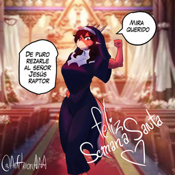 anthro big_breasts black_clothing breasts brown_hair church clothing detailed_background dialogue facial_horn female fingers fist front_view hair hand_on_hip horn humanoid_hands inside long_hair looking_at_viewer muscular muscular_female non-mammal_breasts nun_outfit orange_body pose red_eyes smile smirk solo standing tail talking_to_viewer tan_body text anfitrionaaa goodbye_volcano_high ko_op_(game_developer) rosa_(gvh) aquilops ceratopsian dinosaur marginocephalian ornithischian prehistoric_species reptile scalie 1:1 absurd_res artist_name colored hi_res shaded spanish_text translated