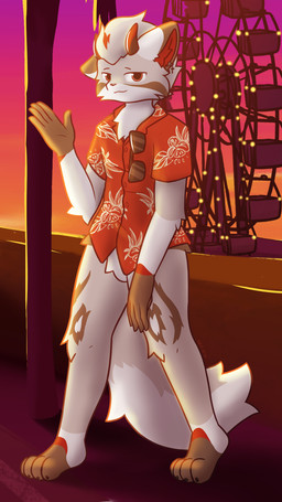 aloha_shirt anthro bottomless bottomless_male brown_body brown_eyes brown_fur clothed clothing eyewear eyewear_on_head feet fingers fluffy fur gesture grey_body grey_fur hair horn looking_at_viewer male male_anthro markings multicolored_body multicolored_clothing multicolored_shirt multicolored_topwear outside partially_clothed pattern_clothing pattern_shirt pattern_topwear red_body red_clothing red_topwear shirt smile solo standing sunglasses sunset tail toes topwear tuft waving white_body white_fur neo_arts canid canine domestic_cat felid feline felis hybrid mammal 9:16 absurd_res digital_media_(artwork) hi_res