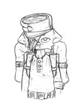 anthro backpack bandage bandaged_eye belt blood blood_on_clothing bodily_fluids clothed clothing ears_down fur hat headgear headwear looking_at_viewer male military_uniform nosebleed pivoted_ears solo uniform us_cannonfodder domestic_cat felid feline felis mammal 2024 black_and_white digital_drawing_(artwork) digital_media_(artwork) drawpile_(artwork) half-length_portrait hi_res monochrome portrait sketch