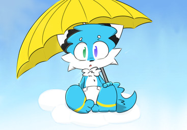 anthro clothed clothing cloud diaper fur looking_at_viewer male sky solo tail umbrella wearing_diaper kalerui felid feline mammal digital_media_(artwork) hi_res