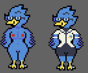 anthro beak breasts crossgender eyewear female glasses nipples smug solo thick_thighs wings nsfwfromd deltarune undertale_(series) berdly avian digital_media_(artwork) model_sheet pixel_(artwork) tagme