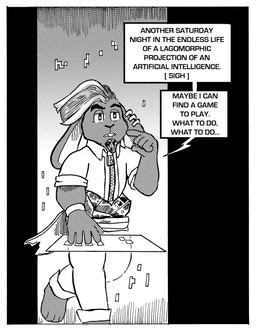 anthro clothing dialogue ear_piercing floppy_ears jacket male piercing science_fiction solo speech_bubble text topwear billy_fore spire_(malyrn) lagomorph leporid mammal rabbit black_and_white comic english_text hi_res monochrome