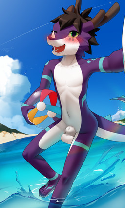 4_toes animal_genitalia ankle_markings anthro antlers arm_markings ball balls beach beach_ball biped black_hair blue_markings blue_sky blue_spikes blush blush_lines blushing_at_viewer brown_antlers brown_horn claws cloud collarbone countershade_face countershade_feet countershade_hands countershade_legs countershade_neck countershade_tail countershade_torso countershading day detailed_background facial_horn facial_markings feet finger_claws fingers foot_markings front_view fully_sheathed genitals green_eyes grey_markings hair head_markings holding_ball holding_beach_ball holding_object horn humanoid_hands inflatable iris leg_markings long_tail looking_at_viewer male male_anthro markings monotone_hair multicolored_body navel non-mammal_hair non-mammal_navel nose_horn nude nude_anthro nude_male one_eye_closed open_mouth open_smile outdoor_nudity outside plantigrade pupils purple_body purple_claws red_blush red_tongue sea sheath short_hair shoulder_markings sky slim slim_anthro slim_male smile smiling_at_viewer solo spiked_tail spikes spikes_(anatomy) splash tail tapering_tail teeth toes tongue water white_balls white_body white_claws white_countershading white_horn white_sheath wrist_markings yellow_sclera steel_cat mythology aldin_long dragon mythological_creature mythological_scalie scalie absurd_res english_description hi_res portrait shaded