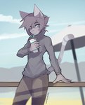 ambiguous_gender anthro arm_support beach blue_eyes bottomwear clothed clothed_anthro clothing container cup day drinking drinking_straw eye_through_hair eyebrow_through_hair eyebrows eyewear fur glasses grey_body grey_clothing grey_fur grey_hair grey_sweater grey_topwear hair holding_container holding_cup holding_object outside pants sky solo sweater text topwear translucent translucent_hair umbrella wearing_glasses notglacier silvermist_(notglacier) domestic_cat felid feline felis mammal 2017 artist_name digital_drawing_(artwork) digital_media_(artwork) english_description hi_res portrait three-quarter_portrait male_(lore)