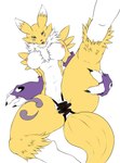 2017 3_toes anthro areola bandai_namco big_breasts black_sclera blue_eyes breasts canid canine censor_bar censored claws clothing digimon digimon_(species) feet female fur genitals hi_res ineffective_censorship looking_at_viewer mammal nipples open_mouth presenting pussy racebalto raised_leg renamon simple_background solo spread_legs spread_pussy spreading toes tongue tuft white_body white_fur yellow_body yellow_fur