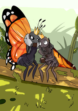 2_antennae 4_legs ambiguous_gender antennae_(anatomy) arthropod_abdomen bald black_antennae black_body closed_smile comforting container crown crown_only cup duo eyelashes eyespots female folded_wings hand_on_shoulder headgear headgear_only holding_container holding_cup holding_object insect_wings lepidopteran_wings markings monotone_body mouth_closed multicolored_wings nude orange_wings outside plant quadruped round_head ruff sitting smile wings fenghuangz disney hoppers_(disney) pixar mirabelle_(honeycombcrown) titus_(hoppers) arthropod butterfly insect lepidopteran monarch_butterfly taur hi_res brother_(lore) brother_and_sister_(lore) sibling_(lore) sister_(lore)