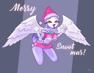 amber_eyes anthro biped bottomwear breasts christmas_clothing christmas_headwear clothed clothed_anthro clothed_female clothing crop_top elbow_feathers feathered_wings feathers female fingers front_view grey_background grey_body grey_feathers grey_hair hair happy hat headgear headwear holidays humanoid_hands kneeling long_hair looking_at_viewer markings medium_breasts navel non-mammal_breasts non-mammal_navel open_mouth open_smile panties pink_bottomwear pink_clothing pink_crop_top pink_shirt pink_skirt pink_topwear pose purple_clothing purple_panties purple_underwear santa_hat shirt short_tail simple_background skimpy skirt smile solo striped_markings stripes tail text tongue tongue_out topwear under_boob underwear wings alexsavenije cavemanon_studios christmas goodbye_volcano_high ko_op_(game_developer) snoot_game fang_(gvh) prehistoric_species pterosaur reptile scalie 2024 artist_name colored digital_media_(artwork) english_text full-length_portrait hi_res portrait shaded