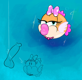 accessory alternate_species bow_(feature) bow_ribbon countershading dildo eyelashes female feral fin gem green_eyes hair_accessory hair_bow hair_ribbon jewelry lips necklace orange_body pearl_(gem) pearl_necklace pupils ribbons sex_toy solo tan_body tan_countershading thick_eyelashes thick_lips underwater water ota_(artist) mario_bros nintendo super_mario_bros_wonder koopaling wendy_o._koopa wonder_wendy_o._koopa aquatic cheep_cheep fish hi_res