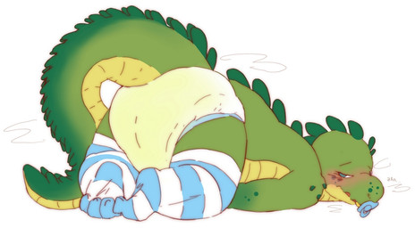 anthro blush bodily_fluids butt clothed clothing diaper genital_fluids male object_in_mouth pacifier pacifier_in_mouth peeing solo unclean_diaper urine used_diaper wearing_diaper wet_diaper wetting hardscales crocodile crocodilian reptile scalie