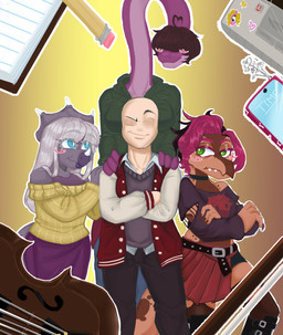 anthro bald big_breasts biped black_clothing black_shirt black_topwear blue_eyes blush boots bottomwear bowed_string_instrument breasts brown_body brown_hair choker clothed clothed_anthro clothed_female clothed_human clothed_male clothing crossed_arms facial_horn female fingers footwear frown green_clothing green_eyes green_hoodie green_topwear grey_body grey_clothing grey_hair grey_sweater grey_topwear group hair hair_over_eyes hands_on_shoulders hoodie horn human_on_anthro humanoid_hands interspecies jacket jewelry knee_boots knee_highs legwear long_hair long_neck looking_at_another male markings medium_breasts medium_hair musical_instrument necklace non-mammal_breasts open_clothing open_jacket open_topwear pants purple_body shirt shoes skirt smile smug spots spotted_markings string_instrument sweater tail topwear torn_clothing torn_shirt torn_topwear violin violin_bow yellow_clothing yellow_sweater yellow_topwear babslechat devlog:_a_post-modern_college_experience abigail_(devlog) dev_(devlog) emily_(devlog) rebecca_(devlog) brontosaurus centrosaurine ceratopsian ceratopsid dinosaur diplodocid diplodocoid dromaeosaurid human mammal marginocephalian microraptor ornithischian prehistoric_species reptile saurischian sauropod sauropodomorph scalie styracosaurus theropod 2025 absurd_res colored hi_res shaded