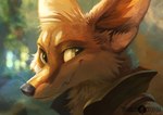 anthro black_nose blurred_background brown_body brown_fur cheek_tuft clothed clothing facial_tuft fluffy fur head_tuft inner_ear_fluff looking_at_viewer smile solo tuft whiskers kenket tangletorn trell canid canine fox mammal 2020