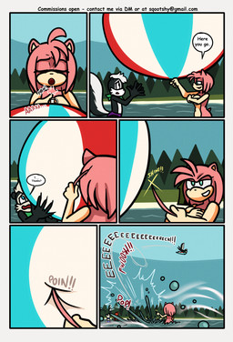 anthro ball beach_ball blue_eyes breasts clothing covering covering_breasts dialogue duo female green_eyes group inflatable inflating_object lake male nude nude_anthro nude_female pink_quills purple_clothing purple_speedo purple_swimwear quills_(anatomy) scared smile smirk speech_bubble speedo stuttering swimwear tan_arms tan_breasts tan_hands tan_mouth tan_stomach teal_eyes text unsure worried sqootshy archie_comics sega sonic_the_hedgehog_(archie) sonic_the_hedgehog_(comics) sonic_the_hedgehog_(series) amy_rose geoffrey_st._john eulipotyphlan hedgehog mammal mephitid skunk 2026 absurd_res comic english_text hi_res multiple_scenes