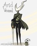 ambiguous_gender black_arms black_eyes black_legs cloak clothed clothing duo featureless_feet feet fingers forehead_gem gem horn looking_at_another looking_up name_drop number shadow simple_background standing tail text weapon sol-lar-bink hollow_knight team_cherry fan_character harrold_(latiar) vessel_(species) 2020 4:5 artist_name digital_media_(artwork) english_text