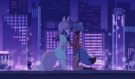 anthro barefoot blue_body blue_fur blue_hair city cityscape clothing duo eye_contact feet female fluffy fluffy_tail fur hair happy interlocked_fingers jacket kneeling long_hair looking_at_another night open_mouth pink_body pink_fur pink_hair short_hair smile tail topwear white_body white_fur sakuramochi_(user_zauc5232) brand_new_animal studio_trigger michiru_kagemori nazuna_hiwatashi canid canine fox mammal raccoon_dog tanuki 2020 absurd_res hi_res