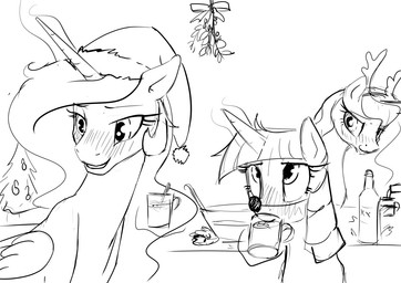 blush drunk feathered_wings feathers female feral group holidays horn substance_intoxication wings silfoe christmas friendship_is_magic hasbro my_little_pony mythology princess_celestia_(mlp) princess_luna_(mlp) twilight_sparkle_(mlp) equid equine mammal mythological_creature mythological_equine winged_unicorn 2015 monochrome
