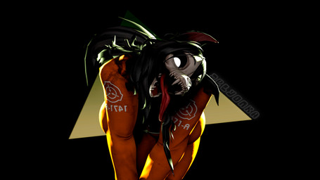anthro bent_over big_breasts black_background black_body black_fur black_hair bone breasts cleavage clothed clothing eyebrows fangs female fur hair long_hair long_tongue looking_at_viewer open_mouth open_smile orange_clothing prison_uniform sharp_teeth simple_background skull skull_head smile smiling_at_viewer solo tail teeth tongue tongue_out triangle_(shape) white_eyes zelyonka bom39_(modeler) scp_foundation mal0_(bom39) scp-1471-a canid canine malo mammal skulldog_(species) 16:9 2025 3d_(artwork) 4k absurd_res digital_media_(artwork) hi_res source_filmmaker_(artwork) watermark widescreen