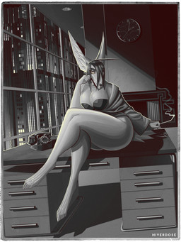 4_toes anthro arm_support art_deco ashtray bathrobe big_breasts black_nose bra breasts ceiling cigarette city city_background cityscape claws clock clothing collar crossed_legs desk detailed_background drawer electronics feet female fireplace fluffy fluffy_tail fur furniture grey_body grey_eyes grey_fur grey_hair hair hair_over_eye holding_cigarette holding_object inner_ear_fluff inside leaning_on_elbow long_ears looking_at_viewer night phone pointy_ears pose robe rotary_telephone sitting_on_desk smoke smoking smoking_cigarette solo table tail thick_thighs toes tuft underwear window hiverdose ilia_(hiverdose) canid canine canis jackal mammal digital_media_(artwork) greyscale hi_res monochrome pinup