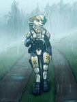 anthro armor clothed clothing detailed_background eyebrow_piercing facial_piercing fangs female fully_clothed fur grass outside piercing plant puddle raining sabertooth_(anatomy) solo standing teeth cynicalstarr felid mammal 2021 3:4 absurd_res artist_name full-length_portrait hi_res portrait signature