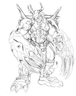 anthro armor biped hair male muscular muscular_anthro muscular_male muscular_thighs simple_background solo white_background darknaigart bandai_namco digimon digimon_(species) wargreymon 2021 absurd_res hi_res monochrome sketch