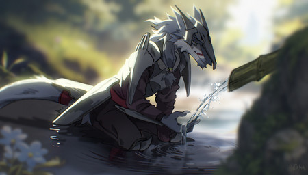 anthro armor claws clothing female flower outside partially_submerged plant solo water lingrimm sergal hi_res
