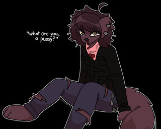 3_toes anthro barefoot black_clothing black_jacket black_topwear blood blood_drip blood_on_clothing blood_on_face blue_bottomwear blue_clothing blue_jeans blue_pants bodily_fluids bottomwear brown_body brown_fur brown_hair chain clothing denim denim_bottomwear denim_clothing dialogue dripping ear_piercing feet floppy_ears fur hair insult jacket jeans kerchief looking_at_viewer looking_up looking_up_at_viewer male neckerchief neckwear nosebleed pants paws piercing pink_kerchief pink_neckerchief sitting solo tail tears teary_eyes toes topwear torn_bottomwear torn_clothing torn_jeans torn_pants ashblondekittyy rex_(ashblondekittyy) canid canine canis domestic_dog mammal trans_(lore) trans_man_(lore)