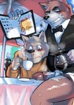 anthro beverage black_nose blush bow_tie clothing coffee container cup duo_focus genitals group humanoid_genitalia humanoid_hands humanoid_penis kemono male male/male penis shirt sitting slightly_chubby topwear waiter ujishiyo canid canine canis domestic_dog mammal 2022 hi_res