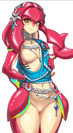 bracelet breasts collar featureless_breasts featureless_crotch female gills jewelry looking_at_viewer multicolored_body navel red_body simple_background smile solo tan_body two_tone_body white_background yellow_eyes radioneet breath_of_the_wild nintendo the_legend_of_zelda mipha animal_humanoid aquatic aquatic_humanoid fish fish_humanoid humanoid zora 2025 absurd_res hi_res portrait three-quarter_portrait