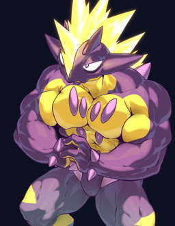 abs anthro biceps male muscular muscular_anthro muscular_male pecs purple_body solo pitania4 nintendo pokemon amped_toxtricity generation_8_pokemon pokemon_(species) toxtricity absurd_res digital_media_(artwork) hi_res