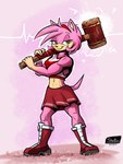 anthro boots bottomwear breasts clothed clothing female footwear fur gloves_(marking) green_eyes grin hair hammer markings midriff navel pink_body pink_fur pink_hair shirt shoes skirt smile solo tank_top tools topwear shieltar sega sonic_the_hedgehog_(series) amy_rose eulipotyphlan hedgehog mammal 2024 hi_res