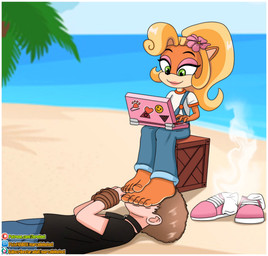 anthro barefoot blonde_hair clothed clothing computer duo electronics feet female foot_fetish foot_on_face footwear fur green_eyes hair humanoid_feet laptop male orange_body orange_fur plantigrade shoes shoes_removed socks socks_removed marcelinhofeet activision crash_bandicoot_(series) coco_bandicoot bandicoot human mammal marsupial hi_res