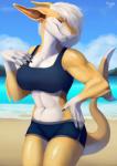 anthro beach bikini bikini_shorts breasts clothing female hair looking_at_viewer midriff navel non-mammal_breasts seaside smile solo swimwear two-piece_swimsuit maaia fish marine shark digital_media_(artwork) hi_res