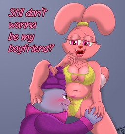 aged_up anthro barefoot belly bikini blush breast_squish breasts cat-bear-rabbit-thing cleavage_cutout clothing colored_nails cutout dialogue duo eyelashes feet female finger_to_mouth foot_on_head hand_holding hat headgear headwear looking_pleasured male male/female nails navel open_mouth pink_eyes polka_dot_panties racoon_stripes scrunchie sharp_teeth simple_background sitting sniffing sniffing_clothes squish style_emulation swimwear teeth toenails toes two-piece_swimsuit underwear underwear_sniffing captain_mooncat cartoon_network chowder_(series) chowder panini_(chowder) bear lagomorph leporid mammal rabbit unknown_species 2025 absurd_res hi_res