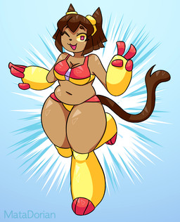 anthro bikini bikini_bottom bikini_top boots brown_body brown_hair clothing eyewear eyewear_on_head female footwear goggles goggles_on_head hair happy knee_boots knee_highs legwear looking_at_viewer one_eye_closed red_eyes shoes simple_background solo swimwear tail two-piece_swimsuit wink winking_at_viewer matadorian gameoverse glitch_productions kit_bodega animal_humanoid cat_humanoid felid felid_humanoid feline feline_humanoid humanoid mammal mammal_humanoid