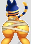 anthro anus anus_peek bandage big_butt blue_body blue_eyes blue_fur blue_hair blush blush_lines butt clothing egyptian egyptian_clothing egyptian_headdress female fur genitals grey_background hair looking_at_viewer looking_back looking_back_at_viewer markings pink_anus pussy rear_view short_hair simple_background solo striped_markings striped_tail stripes tail tail_markings thick_thighs wide_hips yellow_body yellow_fur xenrevv animal_crossing nintendo ankha_(animal_crossing) domestic_cat felid feline felis mammal