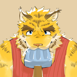 anthro blue_eyes brown_body brown_fur brown_stripes clothing countershade_face countershading food fur grey_background looking_at_viewer male multicolored_body multicolored_fur pink_nose popsicle red_clothing red_shirt red_tank_top red_topwear shirt simple_background solo stripes tan_body tan_countershading tan_fur tank_top topwear yellow_body yellow_fur qianhai_shen_zhou morenatsu torahiko_ooshima felid mammal pantherine tiger 1:1 2025 absurd_res hi_res