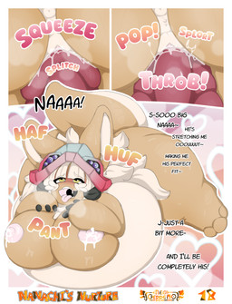 anthro belly big_belly big_breasts blush bodily_fluids breasts brown_body brown_fur clothed clothing female fur hair huge_belly huge_breasts hyper hyper_pregnancy male over_weight overweight overweight_anthro overweight_female partially_clothed pregnant pregnant_anthro pregnant_female rabbit_ears slightly_chubby sweat sweatdrop text weight_gain white_hair yellow_eyes neo_geppetto made_in_abyss nanachi lagomorph leporid mammal narehate rabbit absurd_res comic english_text hi_res