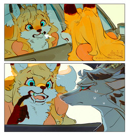 anthro arrow_pointing_to_mouth blue_eyes bodily_fluids car claws directional_arrow duo female food_in_mouth fur hair horn humor inside_car inside_vehicle looking_at_reflection multicolored_body multicolored_fur open_mouth sweat sweatdrop tail teeth two_panel_image vehicle white_body white_fur yellow_body yellow_fur sd_planb mythology canid canine dragon fox mammal mythological_creature mythological_scalie scalie 2025 colored comic shaded