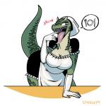 1:1 anthro argonian armwear bethesda_softworks big_breasts bodily_fluids breasts cleavage clothed clothing comic digital_media_(artwork) dress dripping drooling elbow_gloves female gesture gloves green_body hand_gesture handwear hat headgear headwear hi_res horn hungry imminent_vore leaning leaning_forward lifts-her-tail lizard maid_uniform microsoft non-mammal_breasts open_mouth pictographics pointing pointing_at_mouth pointing_at_self reptile saliva saliva_drip scalie shyguy9 simple_background solo speech_bubble suggestive teeth the_elder_scrolls the_lusty_argonian_maid tongue uniform white_background wide_hips