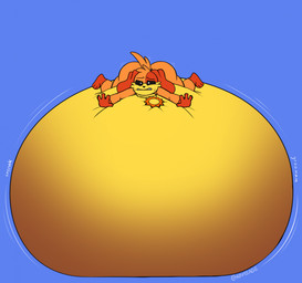 air_inflation anthro belly belly_expansion big_belly big_butt black_eyebrows black_nose black_sclera bloated blue_background bodily_fluids butt creaking_belly embarrassed expansion eyebrows front_view groan groaning_belly hair huge_belly hyper hyper_belly hyper_inflation immobile inflation jewelry lying male motion_lines multicolored_body necklace on_front onomatopoeia orange_body orange_hair orange_tail red_ears simple_background solo sound_effects sweat sweatdrop tail teeth text two_tone_body white_eyes yellow_body v1sage mob_entertainment poppy_playtime smiling_critters dogday_(poppy_playtime) canid canine canis domestic_dog mammal 2025 colored digital_media_(artwork) hi_res shaded signature