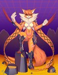 anthro armor breasts claws featureless_breasts featureless_crotch female hair looking_at_viewer orange_body orange_hair red_eyes solo myssedakes meicrackmon_vicious_mode absurd_res hi_res