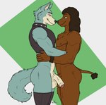 anthro balls butt clothed clothing duo fur genitals male male/male muscular muscular_male nipples nude penis simple_background tail delta_dewitt beastars legoshi_(beastars) canid canine canis domestic_dog mammal poodle wolf digital_media_(artwork) hi_res