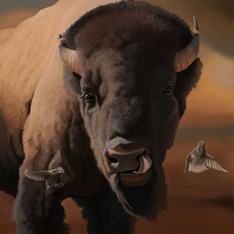 black_eyes brown_body brown_fur feral fur horn looking_at_viewer quadruped solo tan_body tan_fur agustindiazart ambient_bird american_bison bison bovid bovine mammal 1:1 2022 hi_res