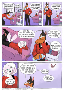 anthro biped bow_tie break_room clothing coat dialogue duo furniture male page_number red_clothing red_coat red_topwear snack sofa speech_bubble table tail text topwear uniform white_body whiteboard martindosent matthias_(martindosent) sebastian_(martindosent) arthropod canid canine canis dobermann domestic_dog insect lepidopteran mammal moth pinscher 2025 absurd_res clip_studio_paint_(artwork) comic digital_media_(artwork) english_text handwritten_text hi_res