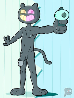 anthro bulge clothed clothing fur genitals holding_object holding_weapon humanoid_genitalia humanoid_penis male nipples nude pattern_background penis simple_background smile solo swimwear weapon lewdware cartoon_network steven_universe cookie_cat domestic_cat felid feline felis mammal 2022 3:4 colored digital_media_(artwork) hi_res shaded signature