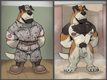 4_toes anthro arm_hair balls belt black_body black_fur body_hair boots bottomwear brown_body brown_fur camo camo_bottomwear camo_clothing camo_hat camo_headgear camo_headwear camo_pants camo_print camo_shirt camo_topwear chest_hair clothed clothed_anthro clothed_male clothing facial_hair feet flaccid footwear foreskin fur genitals goatee hairy_balls hat headgear headwear inside leg_hair male male_anthro manly military military_uniform multicolored_body multicolored_fur muscular muscular_anthro muscular_male name_tag navel nipples nude nude_anthro nude_male pants pattern_bottomwear pattern_clothing pattern_hat pattern_headgear pattern_headwear pattern_pants pattern_shirt pattern_topwear peach_emoji penis pubes regular_grid_layout shirt shoes shower_room solo standing tail teeth text toes topwear underbite uniform unretracted_foreskin whisker_spots white_body white_fur dead_stray_bear ethan_costas_(character) beagle canid canine canis domestic_dog hunting_dog mammal scent_hound 2026 colored english_description english_text hi_res multiple_scenes shaded