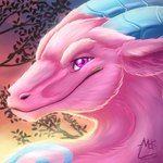 female feral fur horn long_neck looking_at_viewer pink_body pink_fur smile solo maralmok mythology dragon furred_dragon furred_scalie mythological_creature mythological_scalie scalie 1:1 hi_res