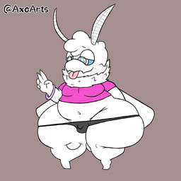 antennae_(anatomy) anthro balls big_butt black_clothing black_underwear bracelet bulge butt clothed clothing crop_top eyewear genitals gesture glasses half-closed_eyes hand_behind_back hand_gesture huge_thighs hyper hyper_thighs insect_wings jewelry male narrowed_eyes on_ground penis pink_clothing shirt small_penis solo standing thick_thighs thong tongue tongue_out topwear underwear v_sign white_body wings axoarts arthropod insect lepidopteran moth 1:1 2022 digital_media_(artwork)