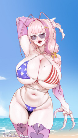 3_fingers american_flag_bikini antennae_(anatomy) big_breasts bikini blue_bikini blue_clothing blue_swimwear breasts clothed clothed_female clothed_humanoid clothing eyewear female female_humanoid fingers flag_bikini flag_swimwear hair huge_breasts looking_at_viewer markings mole_(marking) mole_on_breast navel open_mouth open_smile pink_hair ponytail red_bikini red_clothing red_swimwear side_ponytail smile solo sunglasses swimwear two-piece_swimsuit wearing_sunglasses white_bikini white_clothing white_swimwear aestheticc-meme vtuber matara_kan animal_humanoid arthropod arthropod_humanoid blattodean cockroach cockroach_humanoid humanoid insect insect_humanoid 2026 absurd_res hi_res signature