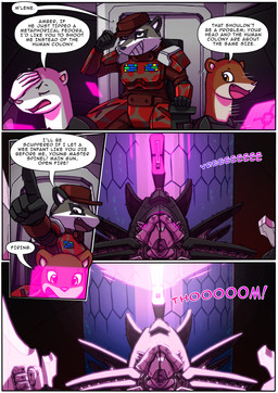 5_fingers anthro armor biped cloud dialogue dialogue_box eyes_closed female fingers firing_weapon fur grin hair laser machine male mecha mountain open_mouth open_smile sky smile speech_bubble text kitfox-crimson in_our_shadow sodalite_(kitfox-crimson) mammal mustelid otter procyonid raccoon 2026 absurd_res colored comic english_text hi_res