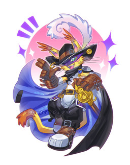 anthro belt boots cape clothing feathers fingerguns footwear fur gloves green_eyes handwear hat headgear headwear looking_at_viewer male mask medal melee_weapon one_eye_closed open_mouth rapier shoes solo sword tail weapon whiskers wink winking_at_viewer yellow_body yellow_fur confeito000_333 bandai_namco digimon digimon_(species) felid mammal nyabootmon hi_res